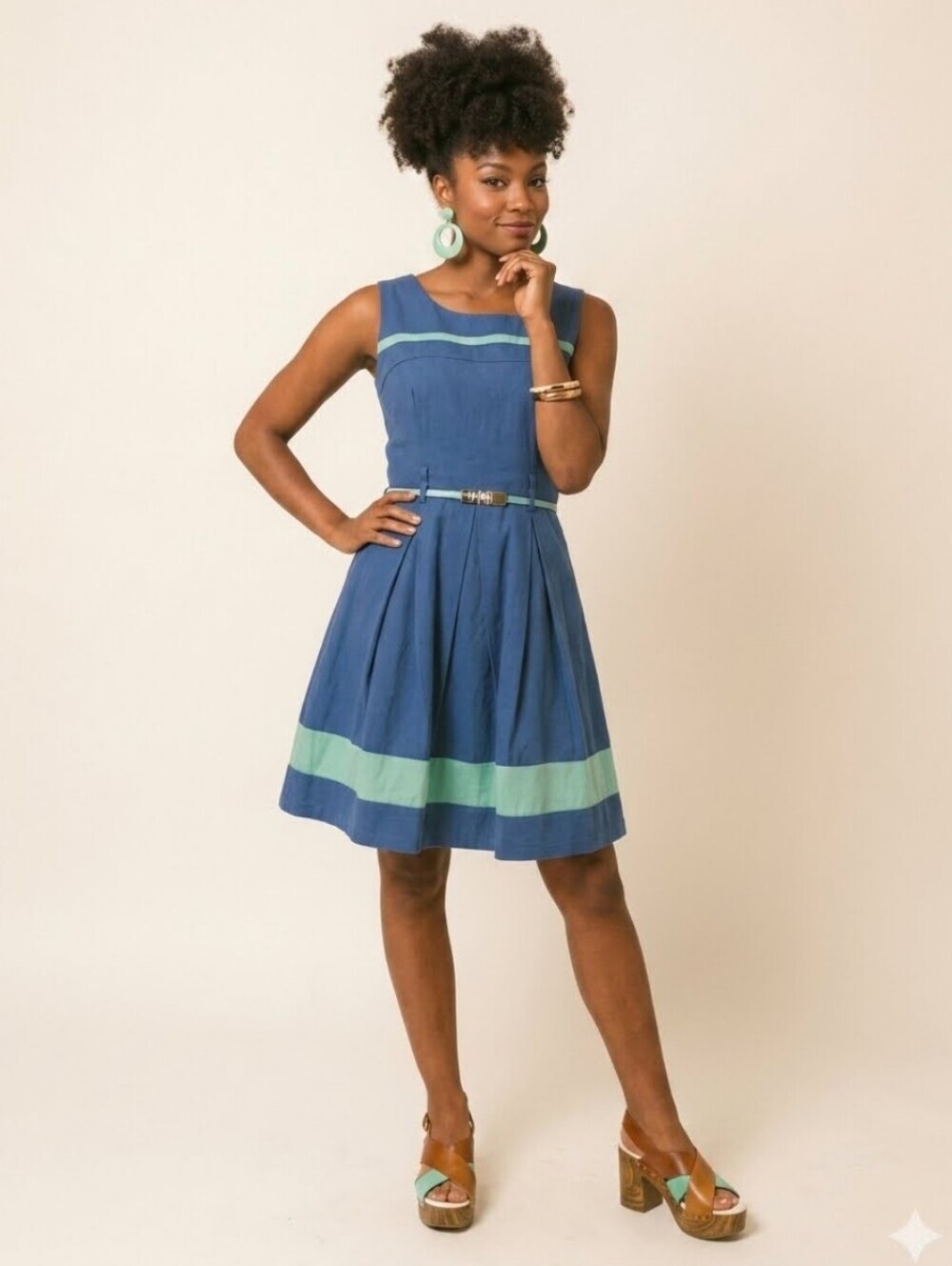 Modcloth Yumi Retro Colorblock Skater Dress With Bow Detail, VGUC, Size 6